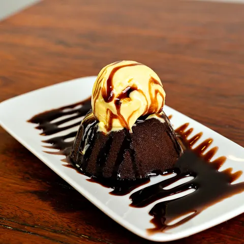 Sobremesa de chocolate com bola de sorvete e calda